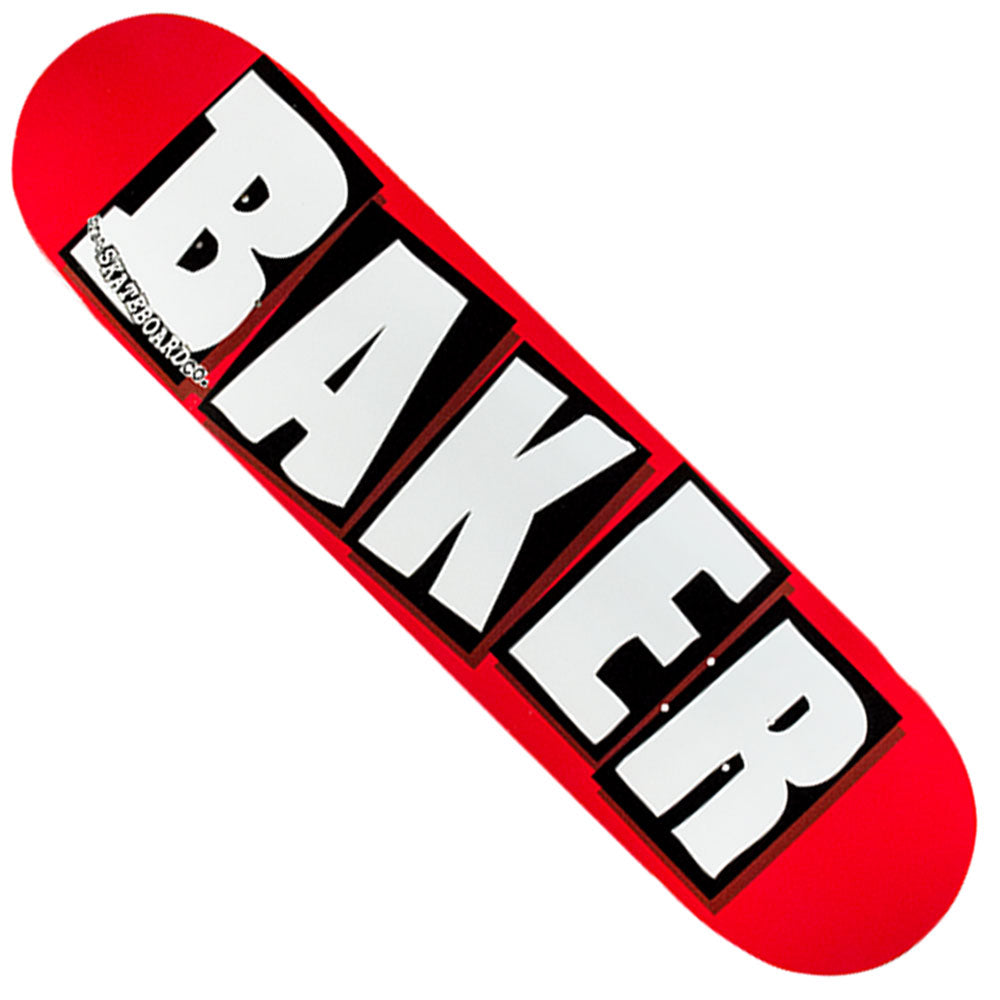 The Brand Logo Deck 8.5x32 by Baker Skateboards features a bold white BAKER logo outlined in black on a red OG Shape deck with mellow concave.