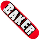 The Brand Logo Deck 8.5x32 by Baker Skateboards features a bold white BAKER logo outlined in black on a red OG Shape deck with mellow concave.