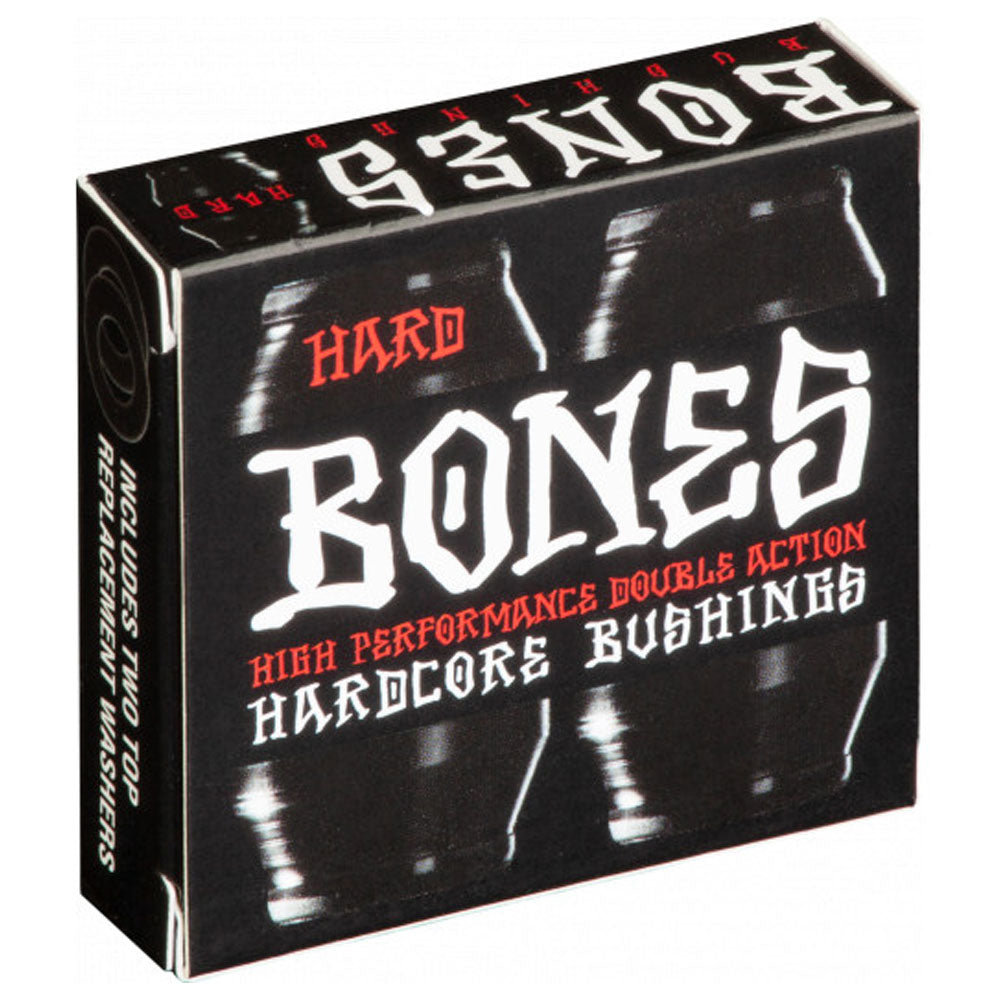 Bones Hardcore Bushing Hard Black for skateboards comes in black packaging with white and red text reading "Hard Bones High Performance Double Action Hardcore Bushings" and shows images of skateboard bushings.