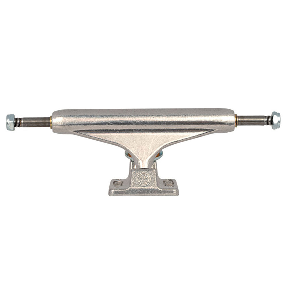 A set of two INDY 129 Polished Stage 11 skateboard trucks is shown from the front against a white background, featuring their axle and hanger.