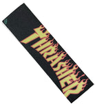 The MOB Griptape Thrasher Flame is a rectangular black skateboard griptape featuring the Thrasher Flame logo with bold yellow letters and red flames, plus the MOB Griptape logo in the top left corner.