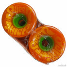Two orange OJ Wheels Super Juice 60mm78A Citrus skateboard wheels, featuring green centers and wrapped together in clear plastic packaging—these wheels deliver the ideal combination of style and performance.