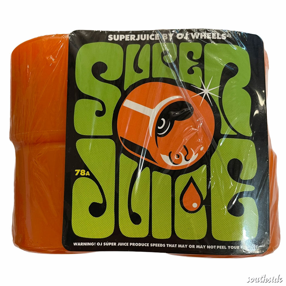 Pack of four OJ Wheels Super Juice 60mm78A Citrus skateboard wheels in vibrant orange, wrapped in plastic and featuring retro green and black branding with a dripping juice illustration on the front label.