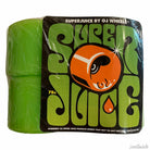 A pack of OJ Wheels Super Juice 60mm 78A Green skateboard wheels featuring bold retro-style text and an orange cup pouring juice graphic.