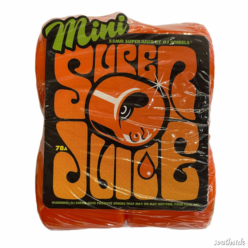 Four orange skateboard wheels in plastic wrap, labeled OJ Wheels Mini Super Juice 55mm78A Orange in bold retro letters. The packaging features a cartoon juice cup and drop, along with specs: 55mm78A for that perfect ride—these wheels are designed for smooth cruising and plenty of style.