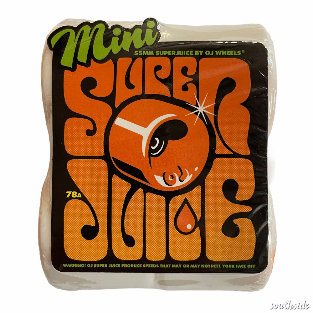 Pack of OJ Wheels Mini Super Juice 55mm 78A White skateboard wheels. The packaging showcases bold, retro orange and black text, complemented by a playful orange mascot and a droplet graphic—perfectly highlighting the energetic vibe of OJ Wheels’ iconic Mini Super Juice 55mm 78A White skateboard wheels.