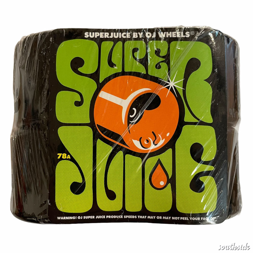 The OJ Wheels Super Juice 60mm78A Black comes in a set featuring bold green and orange retro-style text and graphics on sleek black packaging. These 60mm 78a wheels by OJ are ideal for a smooth, stylish ride.