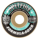 The Spitfire Wheels F4 Conical Full 54mm97A features teal accents, bold white text, a grinning flame logo, “97DU” and Performance Urethane details on a Formula Four skateboard wheel.