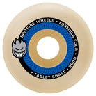 The Spitfire Wheels F4 Tablet 52mm99A skateboard wheel comes in beige with a blue swirl, black ring, and the signature flame head logo. Text reads: Spitfire Wheels Formula Four 52mm99A Tablet Shape.