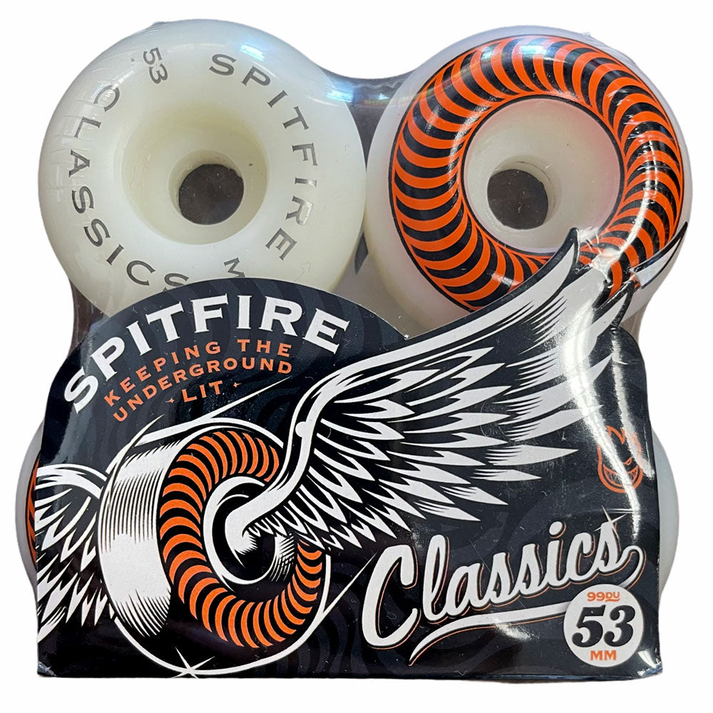 The Spitfire Wheels Classic 53mm99A pack includes four white wheels with an orange-black spiral, 99A durometer, and packaging featuring a wing graphic and the phrase "Keeping the Underground Lit.