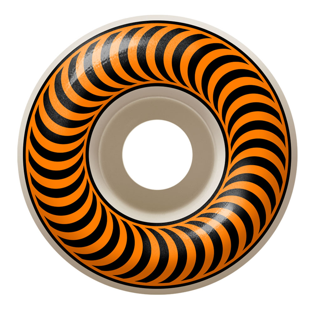 The Spitfire Wheels Classic 53mm99A skateboard wheel features an orange and black spiral design that forms an optical illusion, set against a white background.