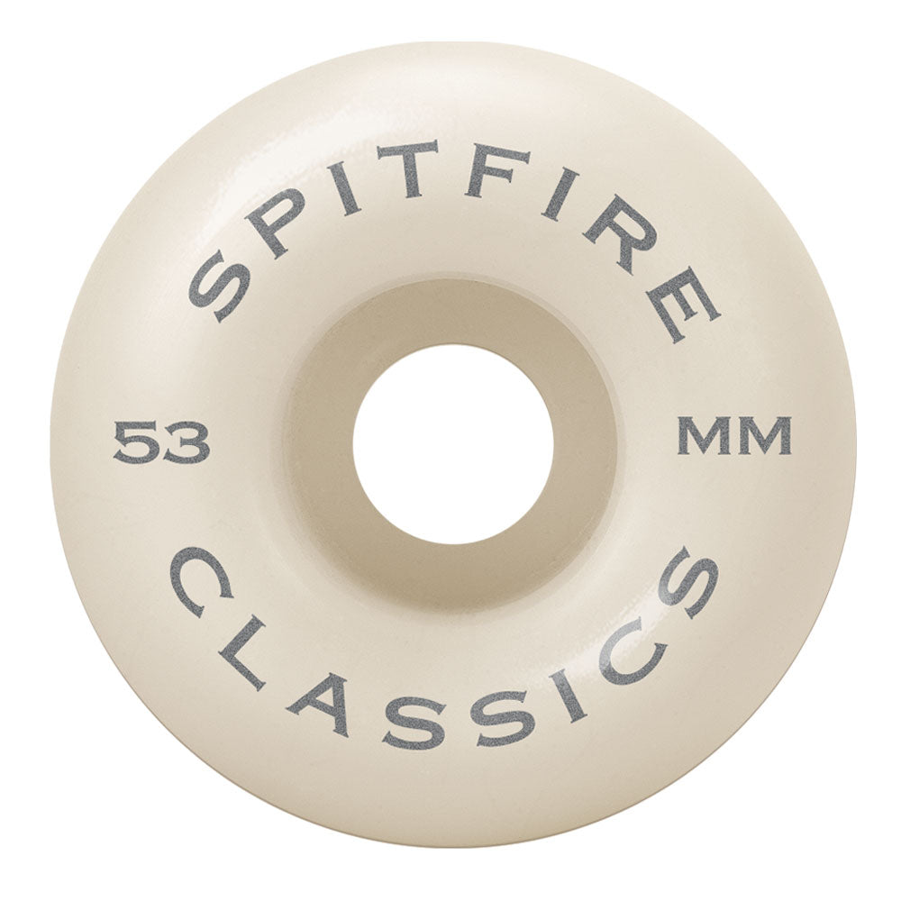 The Spitfire Wheels Classic 53mm99A is a cream-colored skateboard wheel with "SPITFIRE CLASSICS" printed in gray around the center hole.