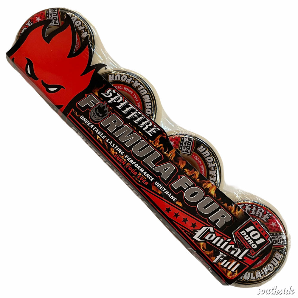 Four Spitfire Wheels F4 Conical Full 56mm101A, packaged with a bold black and red design featuring a flaming red cartoon face.