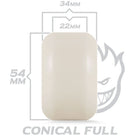 A beige, rectangular object with rounded corners is centered over gray lines showing 54mm x 34mm x 22mm. In the background are a stylized face and "Spitfire Wheels F4 Conical Full 54mm97A.