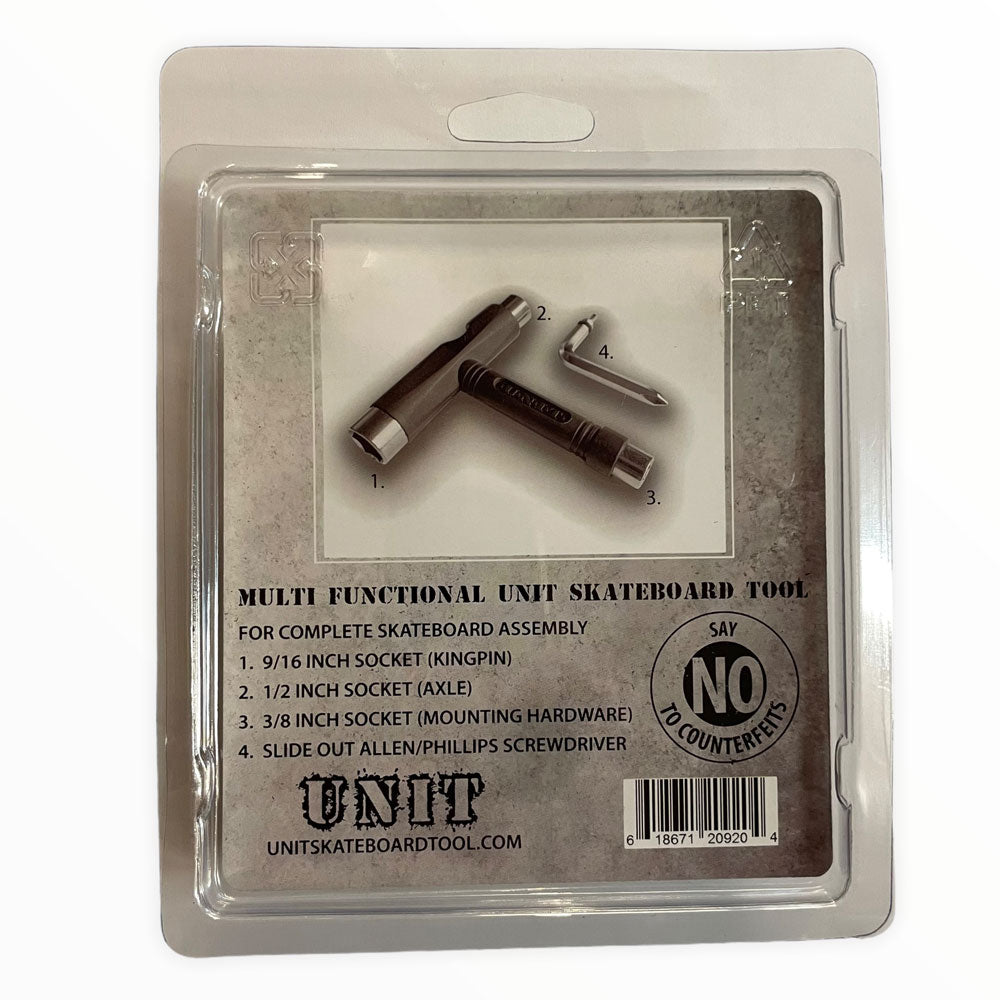 The Unit Skate Tool Black Chrome is packaged, displaying its multi-functional design with sockets for kingpin, axle, and mounting hardware, plus an Allen/Phillips screwdriver. A "Say No to Counterfeits" label is visible.