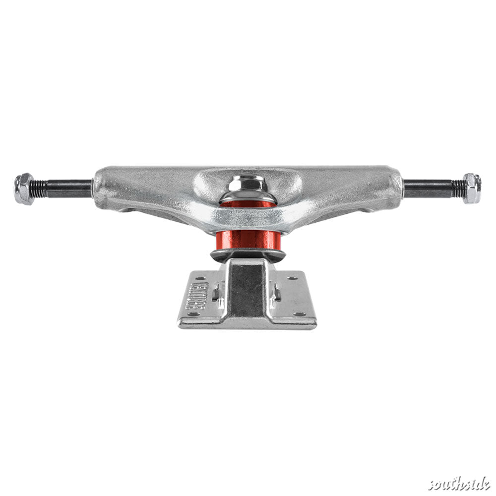 The Venture Polished 5.2 Low Trucks Set of TWO features silver trucks with red bushings, seen from the front showing axle, kingpin, and baseplate against a white background.