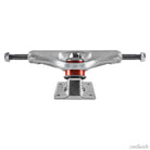 The Venture Polished 5.2 Low Trucks Set of TWO features silver trucks with red bushings, seen from the front showing axle, kingpin, and baseplate against a white background.