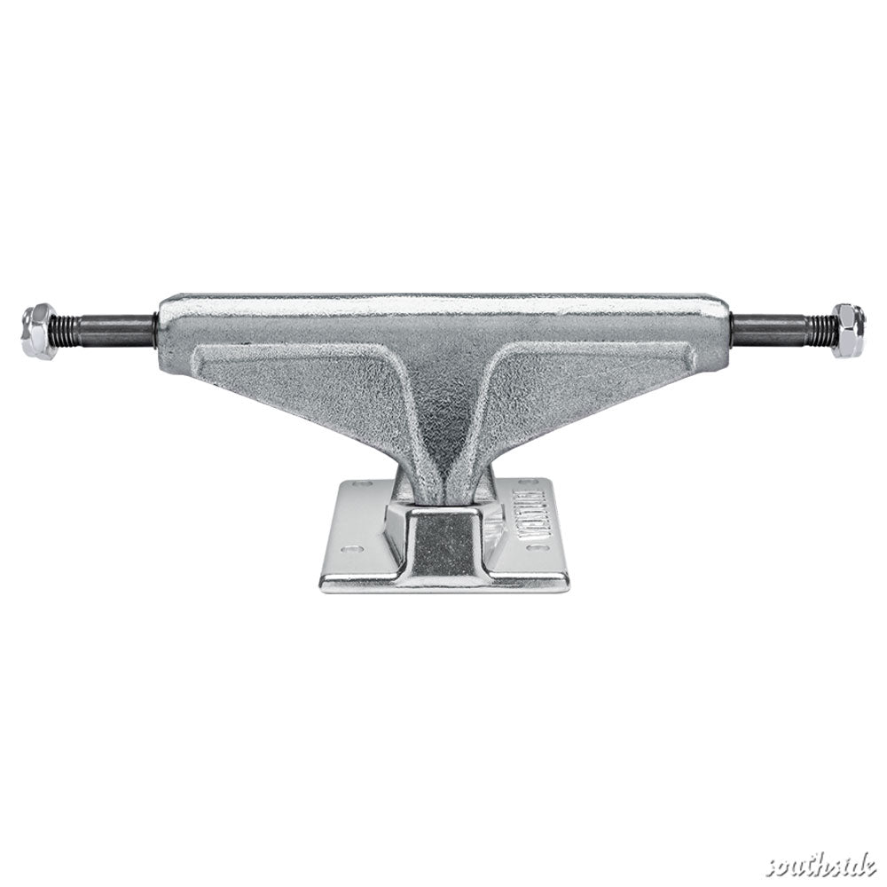A set of two Venture Polished 5.2 Low skateboard trucks is shown from the front, highlighting their silver metal hangers and baseplates against a white background.