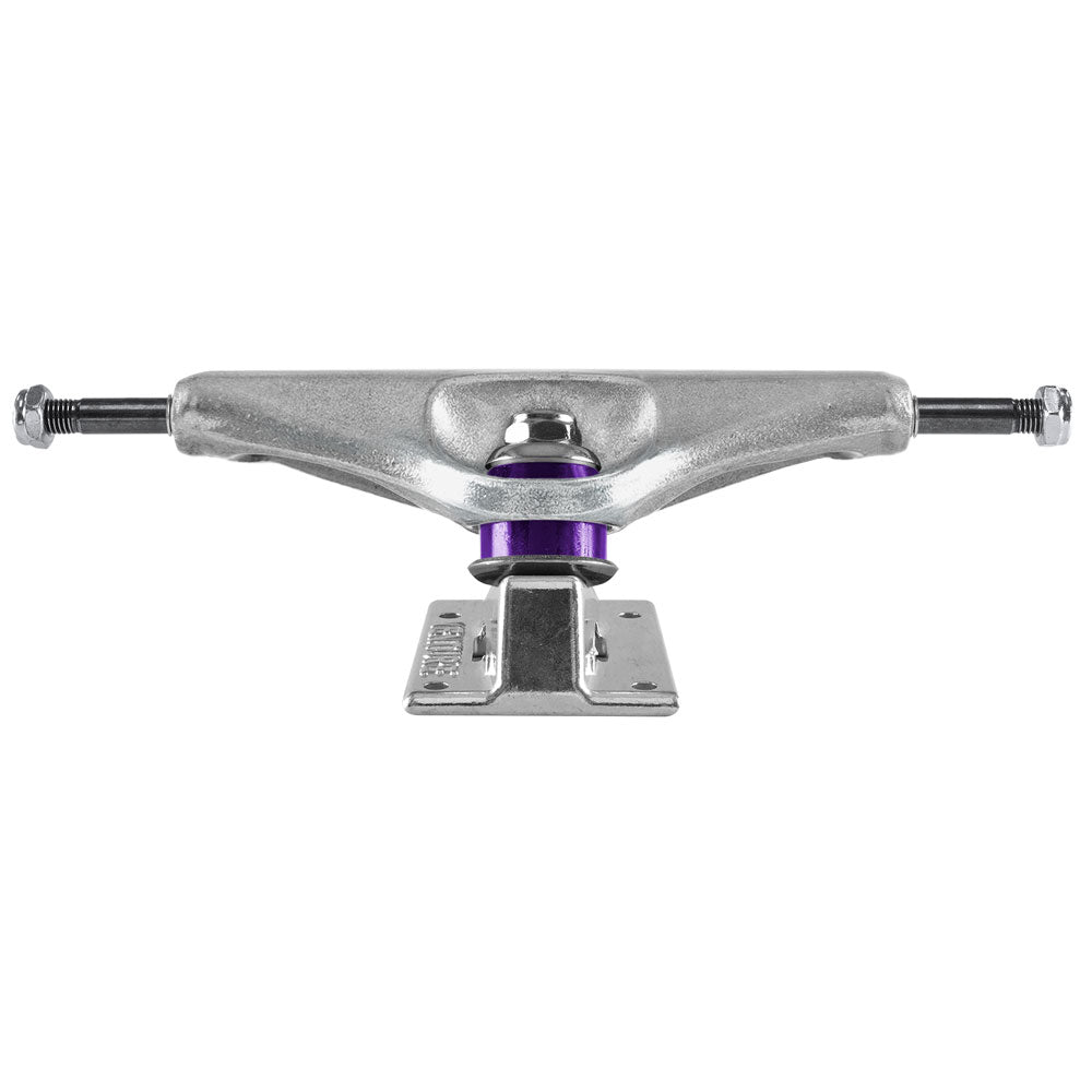 A set of two Venture Polished 6.1 skateboard trucks with a silver finish and purple bushings, shown from the front with visible axle, hanger, and baseplate. Suited for decks 9.0"–9.5", displayed on a white background.