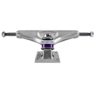 A set of two Venture Polished 5.0 High Trucks shown from the front, highlighting the axle, kingpin, and purple center bushings.