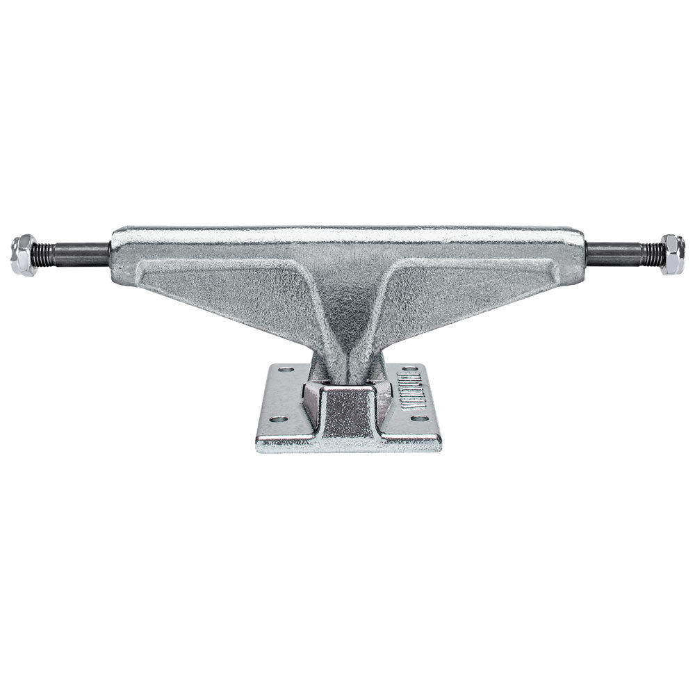 A set of two Venture Polished 5.0 High skateboard trucks in silver, featuring a metal hanger, axle, and baseplate with visible mounting holes, viewed from the front.