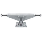 A set of two Venture Polished 5.0 High skateboard trucks in silver, featuring a metal hanger, axle, and baseplate with visible mounting holes, viewed from the front.